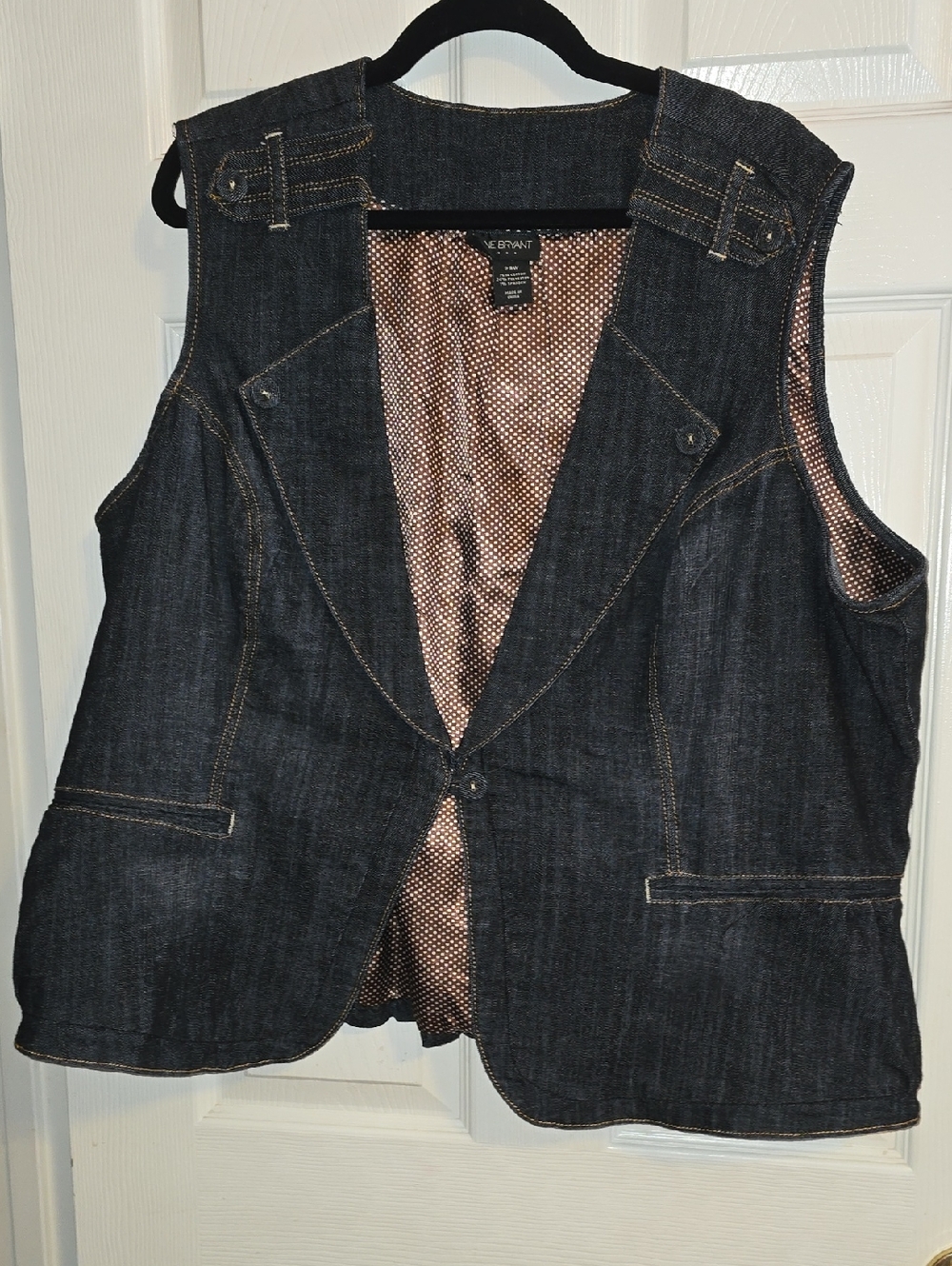 NWOT Lane‎ Bryant Dark Denim Vest with Brown Polka Dot Lining